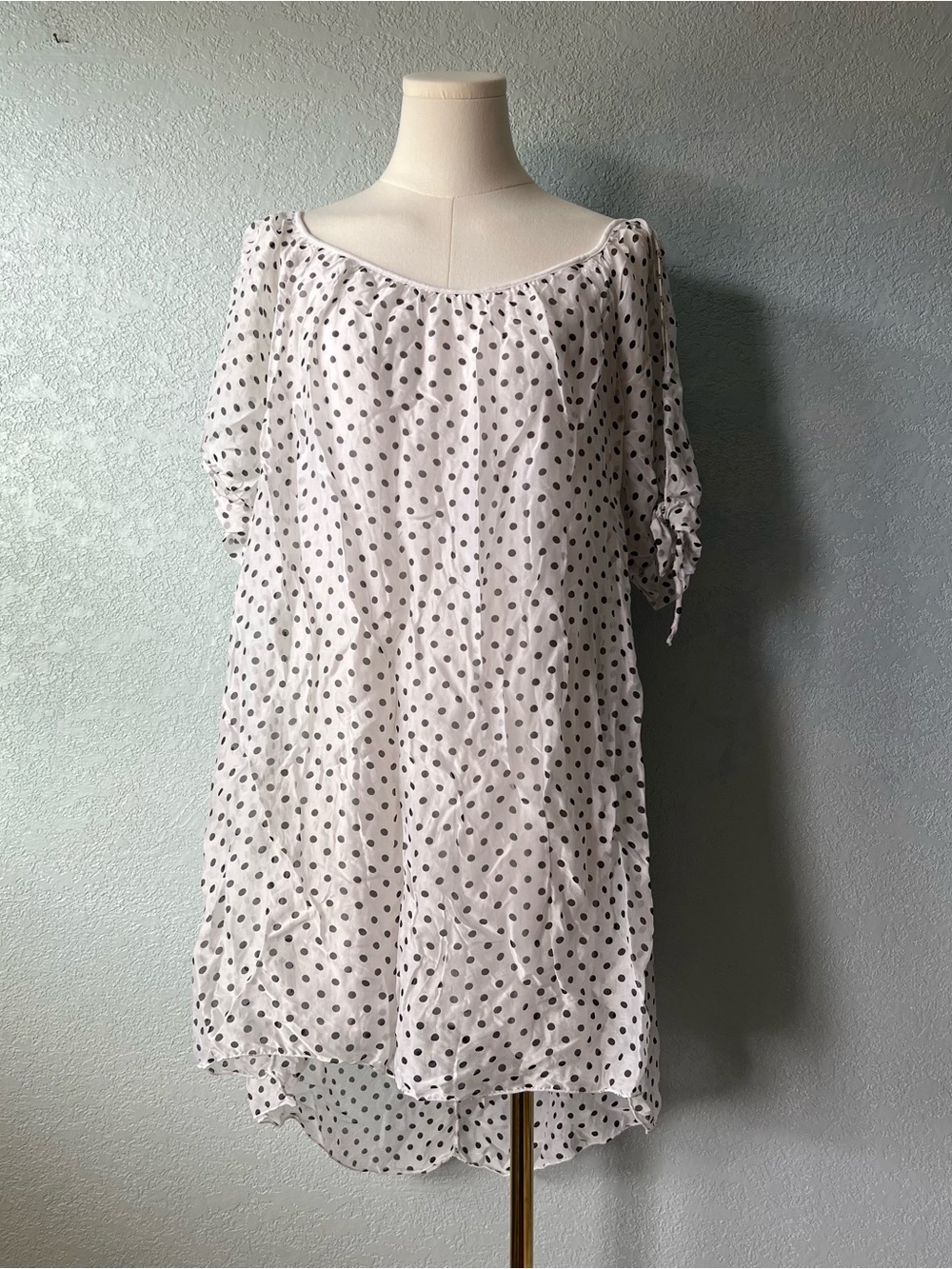 White Black Polka Dot High Low Dress Ruched Sleeve Cottagecore Romantic L